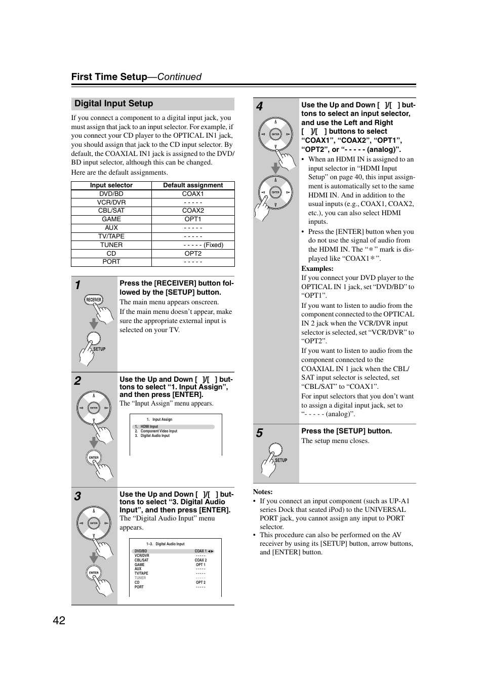 Digital input setup, First time setup —continued | Onkyo TX SR607 User Manual | Page 42 / 108