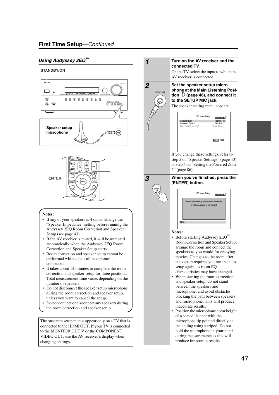 First time setup —continued | Onkyo TX SR607 User Manual | Page 47 / 108