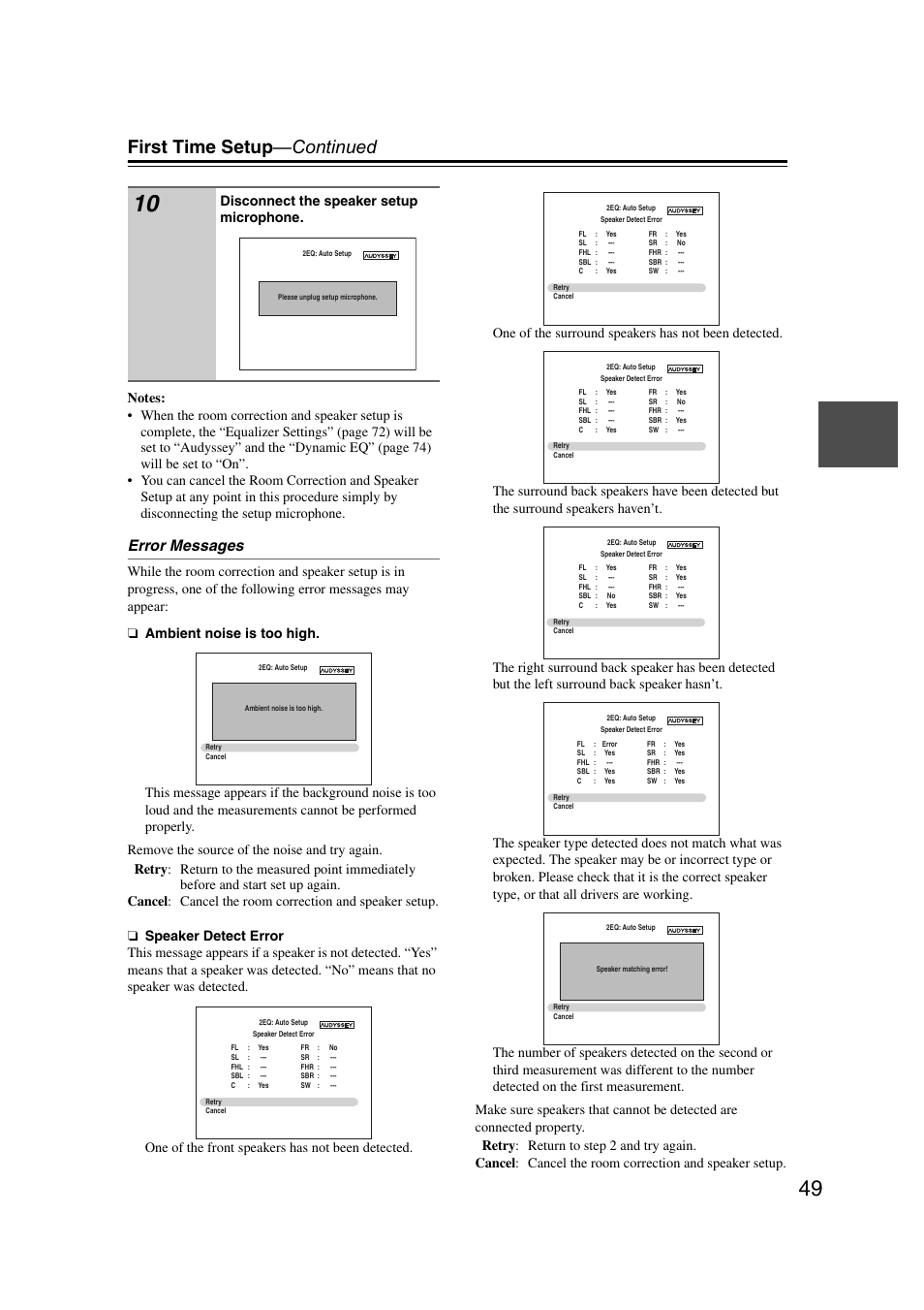 First time setup —continued, Error messages | Onkyo TX SR607 User Manual | Page 49 / 108