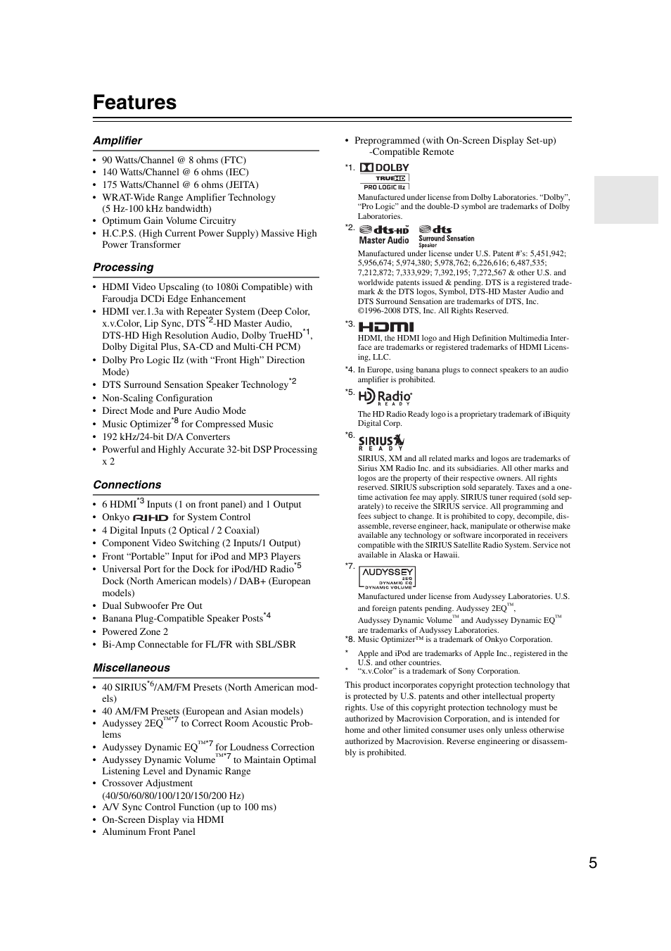 Features | Onkyo TX SR607 User Manual | Page 5 / 108