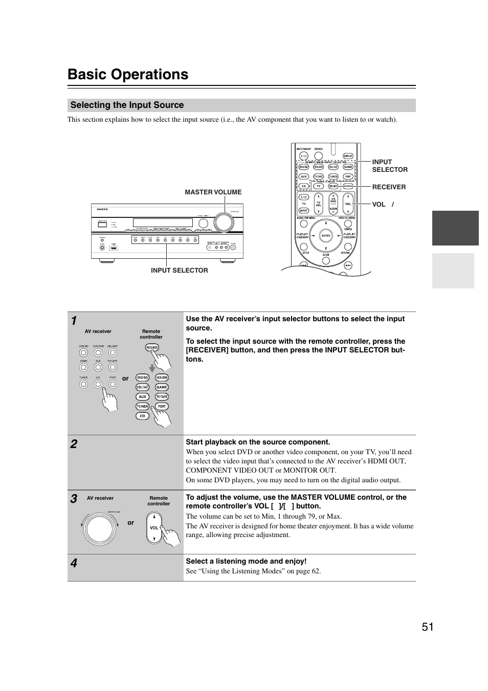 Basic operations, Selecting the input source, L (51) | Ttons (51) | Onkyo TX SR607 User Manual | Page 51 / 108