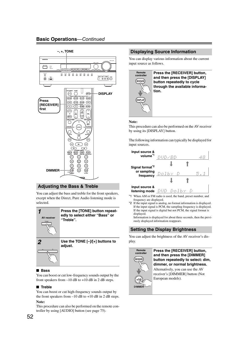 Adjusting the bass & treble, Displaying source information, Setting the display brightness | Ttons (52, 88), On (52, 57), Basic operations —continued | Onkyo TX SR607 User Manual | Page 52 / 108