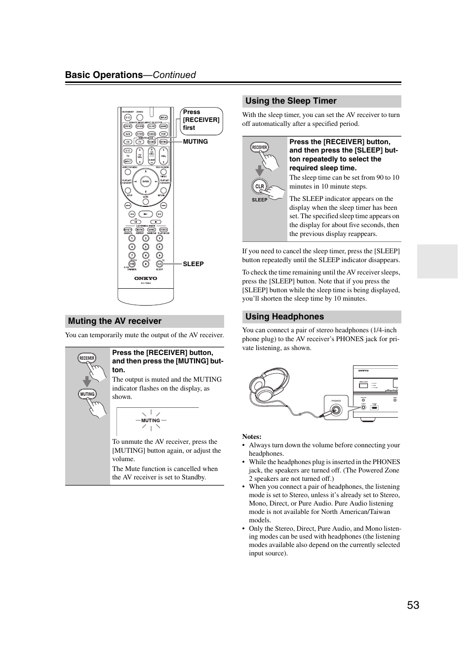 Muting the av receiver, Using the sleep timer, Using headphones | Cator (53), Tor (53), Basic operations —continued | Onkyo TX SR607 User Manual | Page 53 / 108