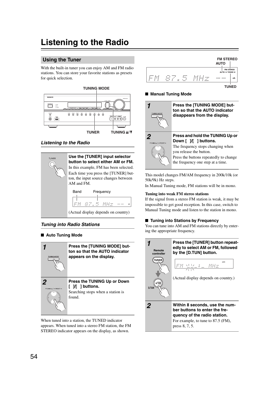 Listening to the radio, Using the tuner, Tton (54) | Tuned (54), Eo (54) | Onkyo TX SR607 User Manual | Page 54 / 108
