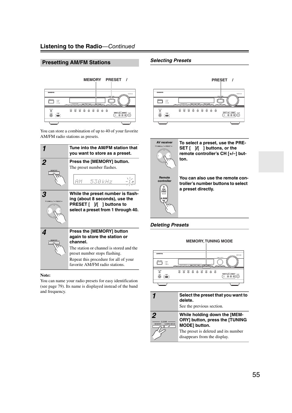 Presetting am/fm stations, On (55), Listening to the radio —continued | Onkyo TX SR607 User Manual | Page 55 / 108