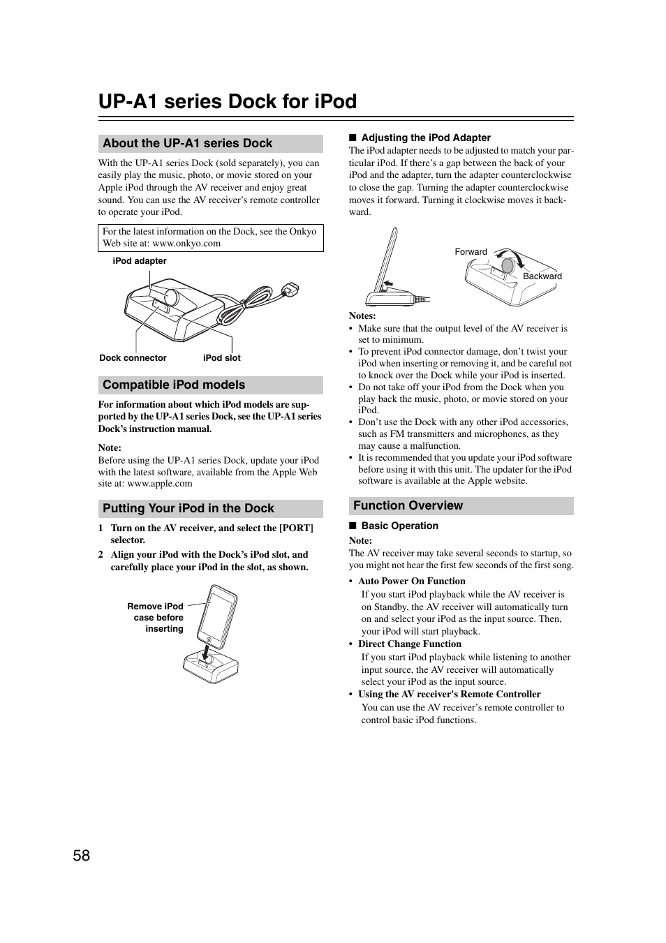 Up-a1 series dock for ipod, About the up-a1 series dock, Compatible ipod models | Putting your ipod in the dock, Function overview | Onkyo TX SR607 User Manual | Page 58 / 108