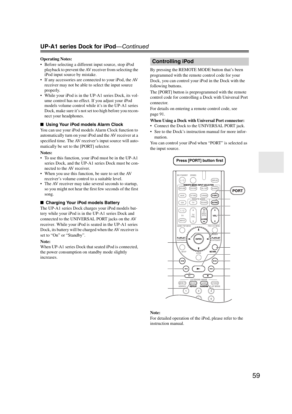 Controlling ipod, Up-a1 series dock for ipod —continued | Onkyo TX SR607 User Manual | Page 59 / 108