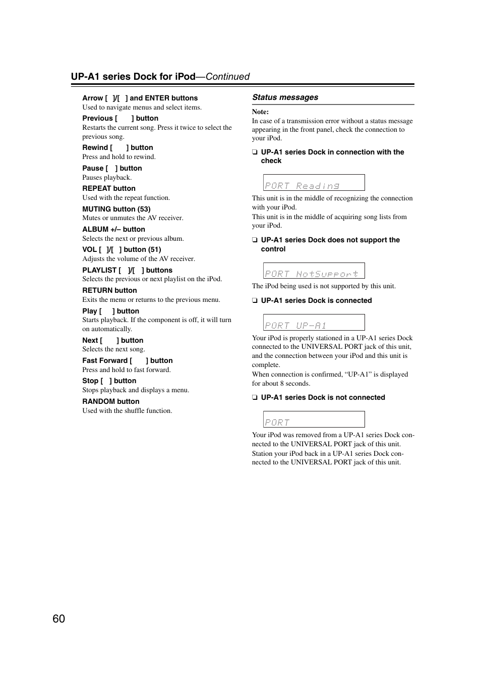 Up-a1 series dock for ipod —continued | Onkyo TX SR607 User Manual | Page 60 / 108