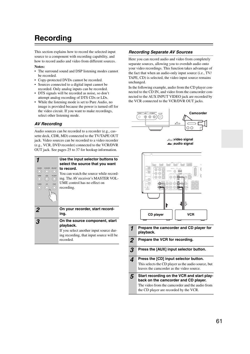 Recording | Onkyo TX SR607 User Manual | Page 61 / 108