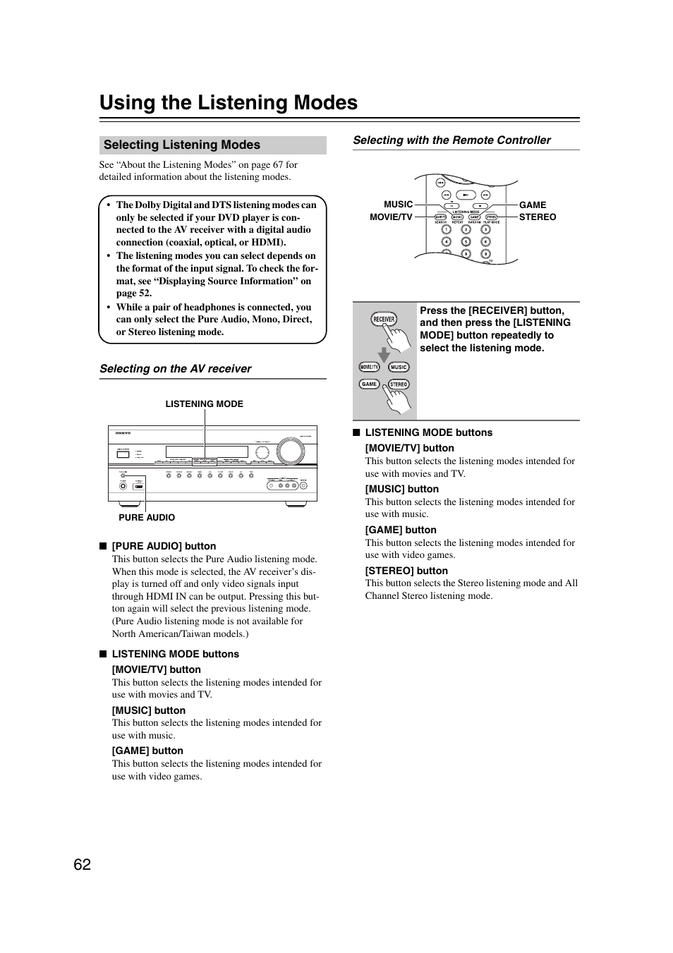 Using the listening modes, Selecting listening modes, S (62) | Onkyo TX SR607 User Manual | Page 62 / 108