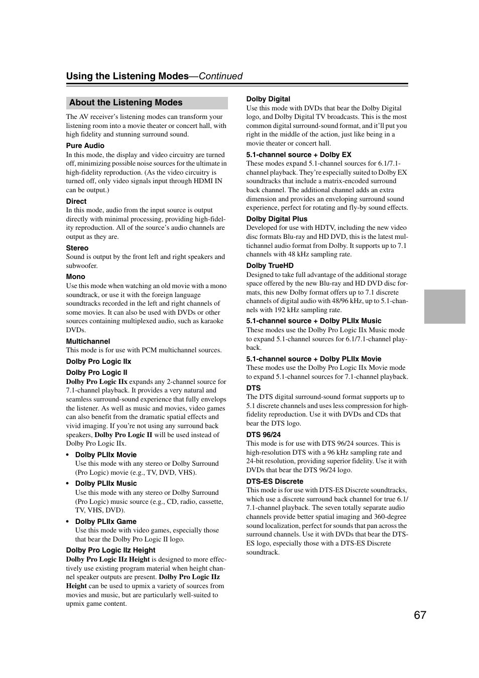 About the listening modes, Using the listening modes —continued | Onkyo TX SR607 User Manual | Page 67 / 108
