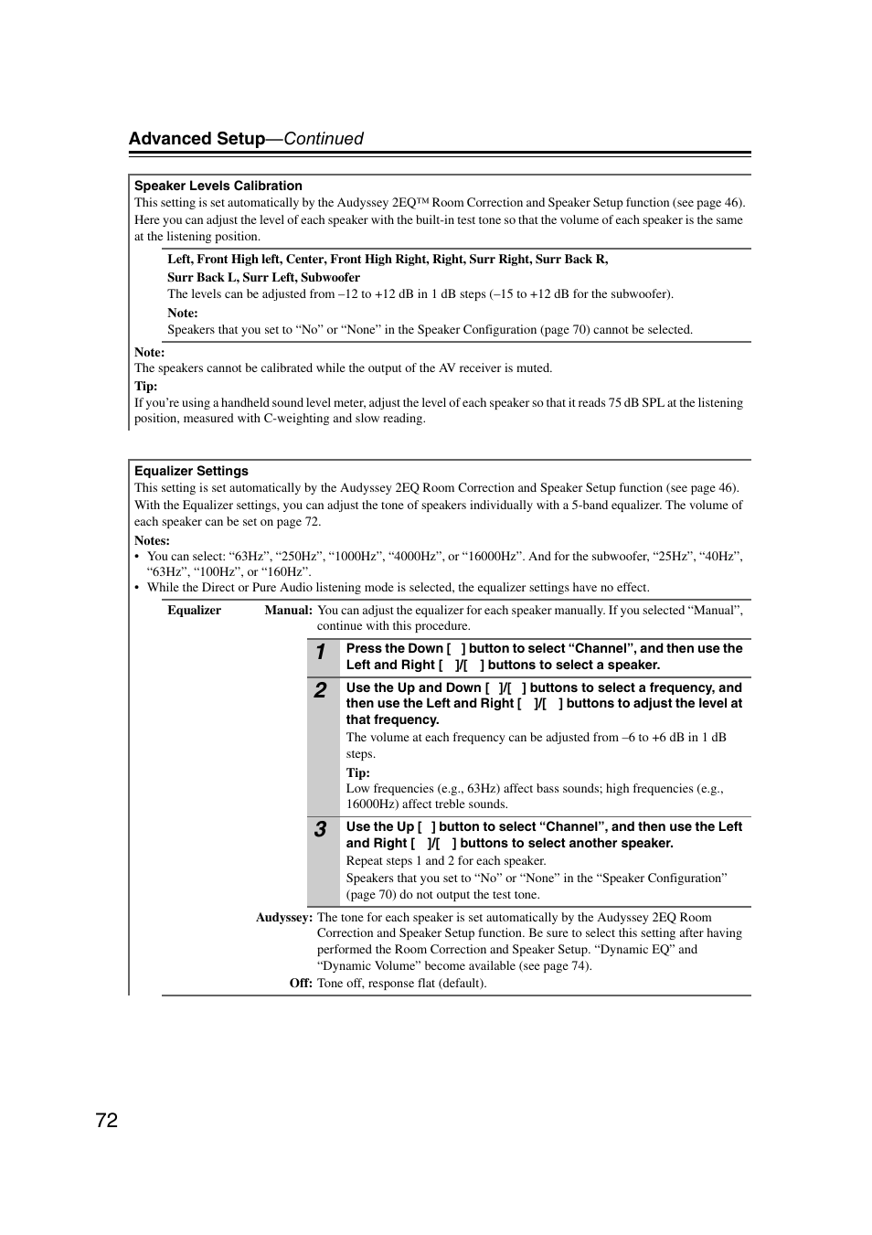 Advanced setup —continued | Onkyo TX SR607 User Manual | Page 72 / 108