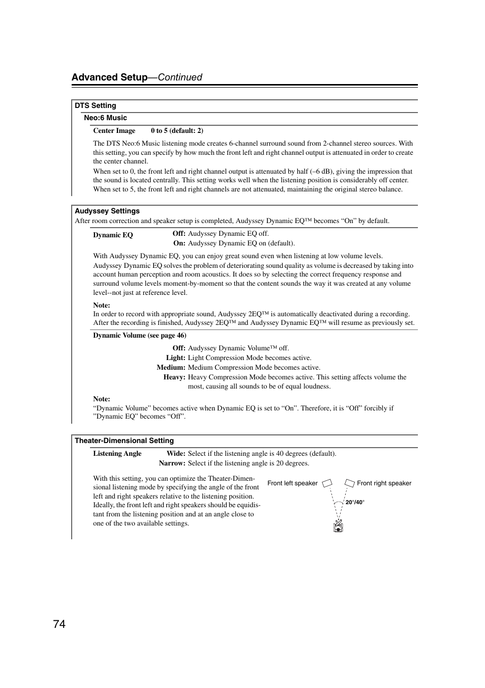 Advanced setup —continued | Onkyo TX SR607 User Manual | Page 74 / 108