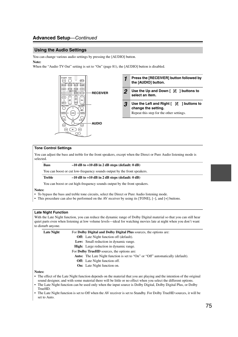 Using the audio settings, Advanced setup —continued | Onkyo TX SR607 User Manual | Page 75 / 108