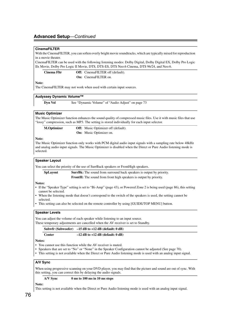 Advanced setup —continued | Onkyo TX SR607 User Manual | Page 76 / 108