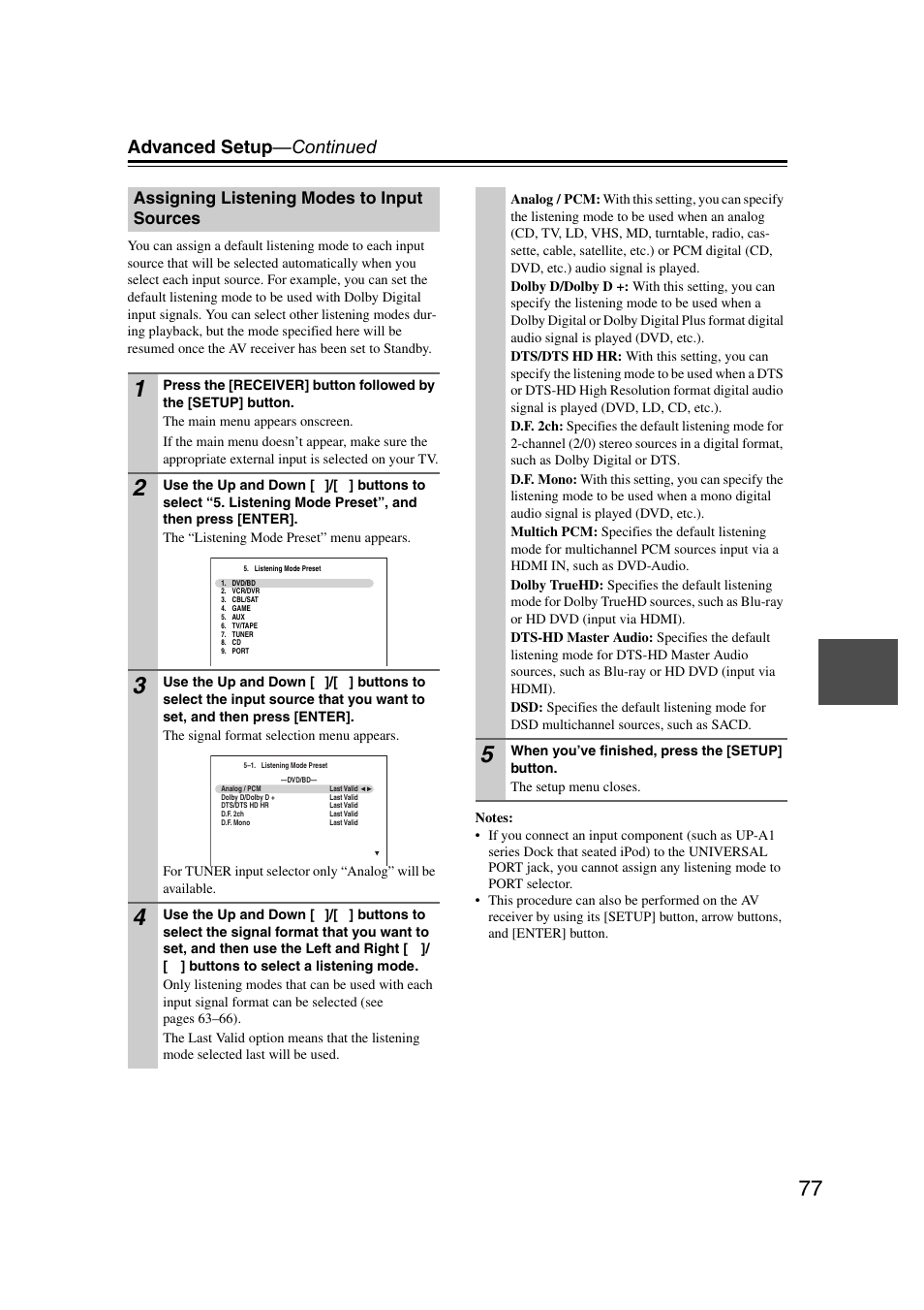 Assigning listening modes to input sources, Advanced setup —continued | Onkyo TX SR607 User Manual | Page 77 / 108