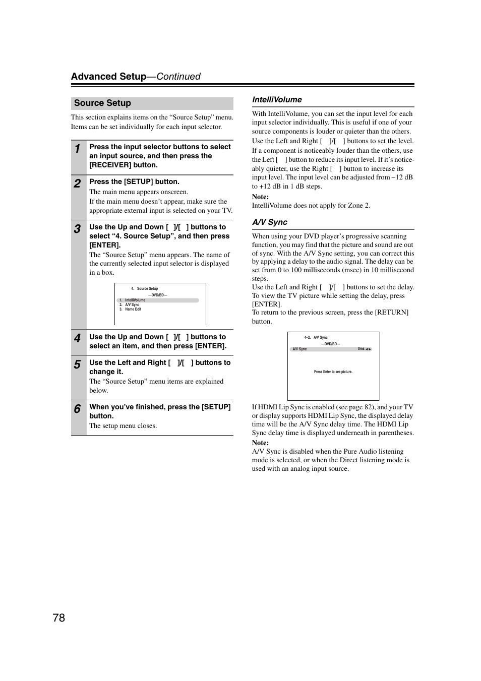 Source setup, Advanced setup —continued | Onkyo TX SR607 User Manual | Page 78 / 108