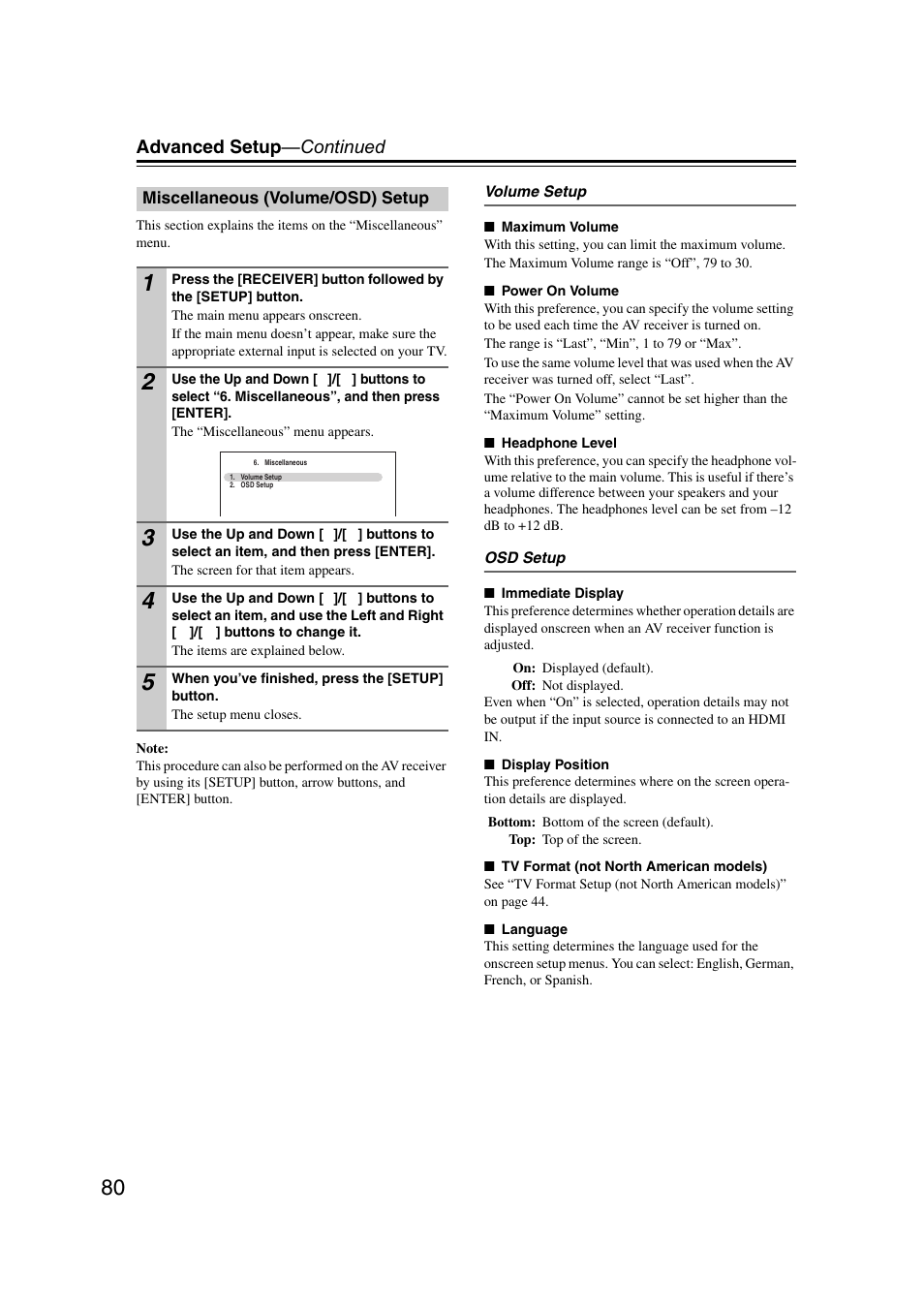 Miscellaneous (volume/osd) setup, Advanced setup —continued | Onkyo TX SR607 User Manual | Page 80 / 108