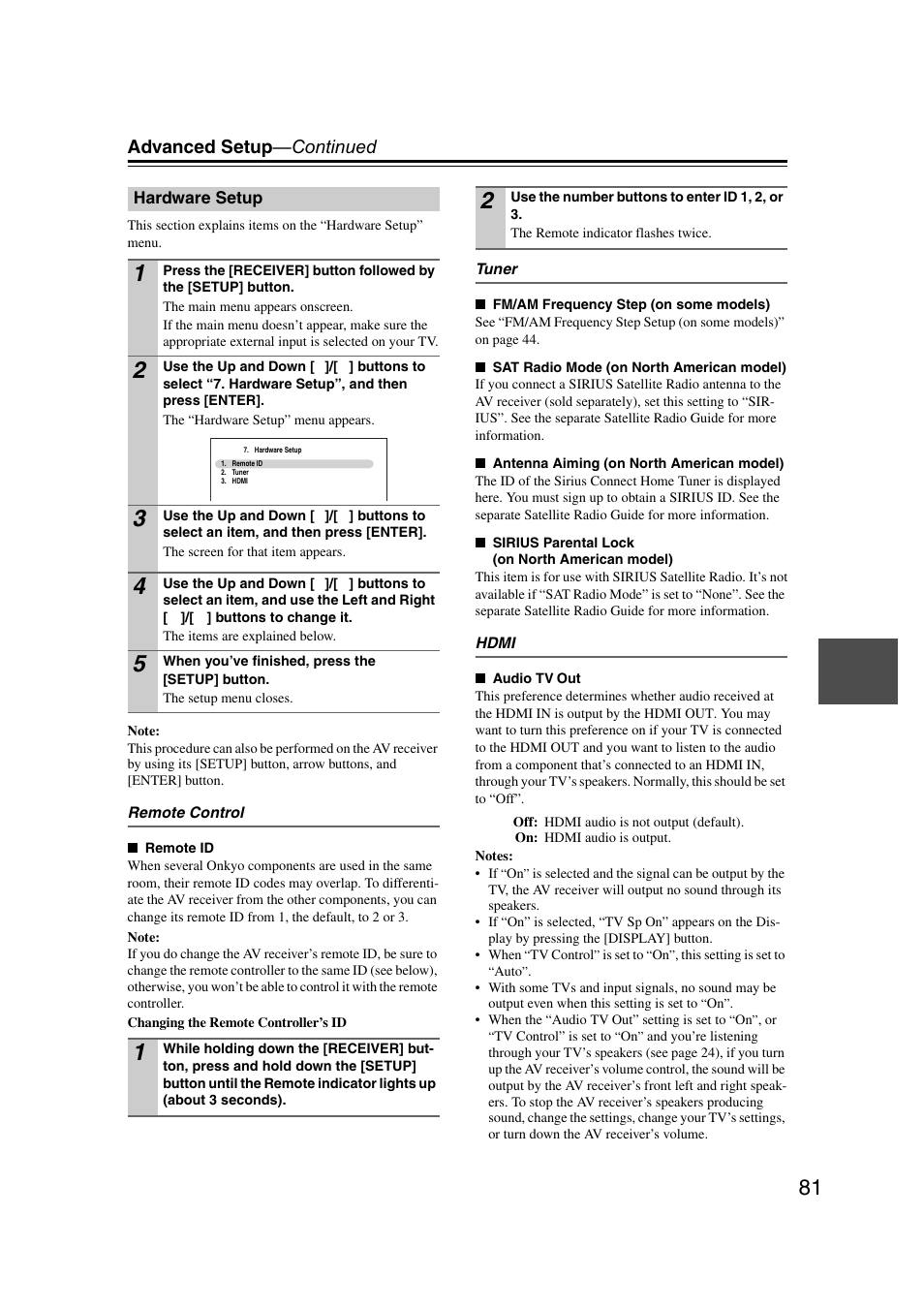 Hardware setup, Advanced setup —continued | Onkyo TX SR607 User Manual | Page 81 / 108