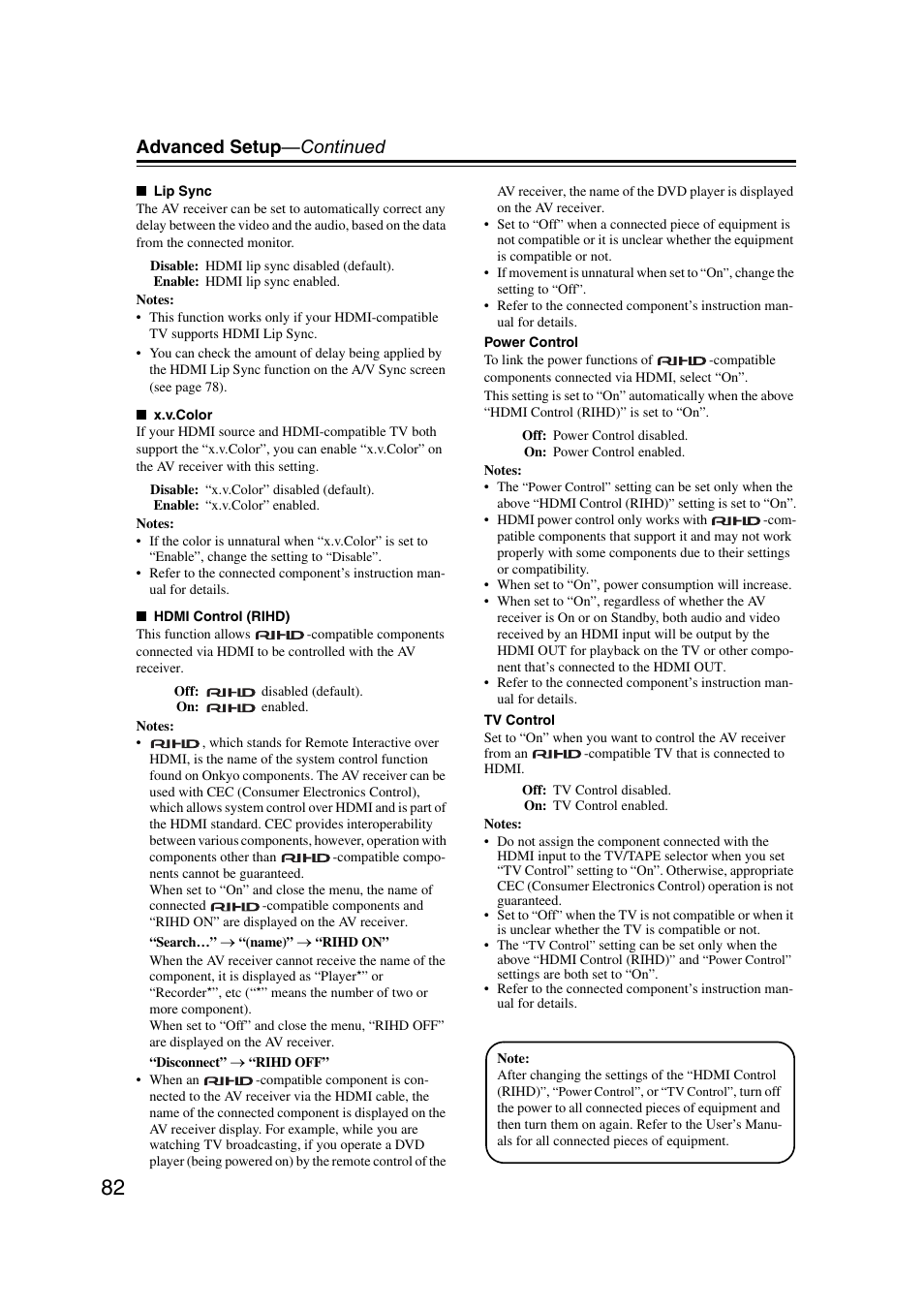 Et “hdmi control (rihd), Advanced setup —continued | Onkyo TX SR607 User Manual | Page 82 / 108