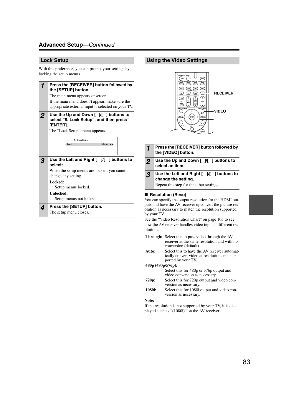 Lock setup, Using the video settings, Lock setup using the video settings | Advanced setup —continued | Onkyo TX SR607 User Manual | Page 83 / 108