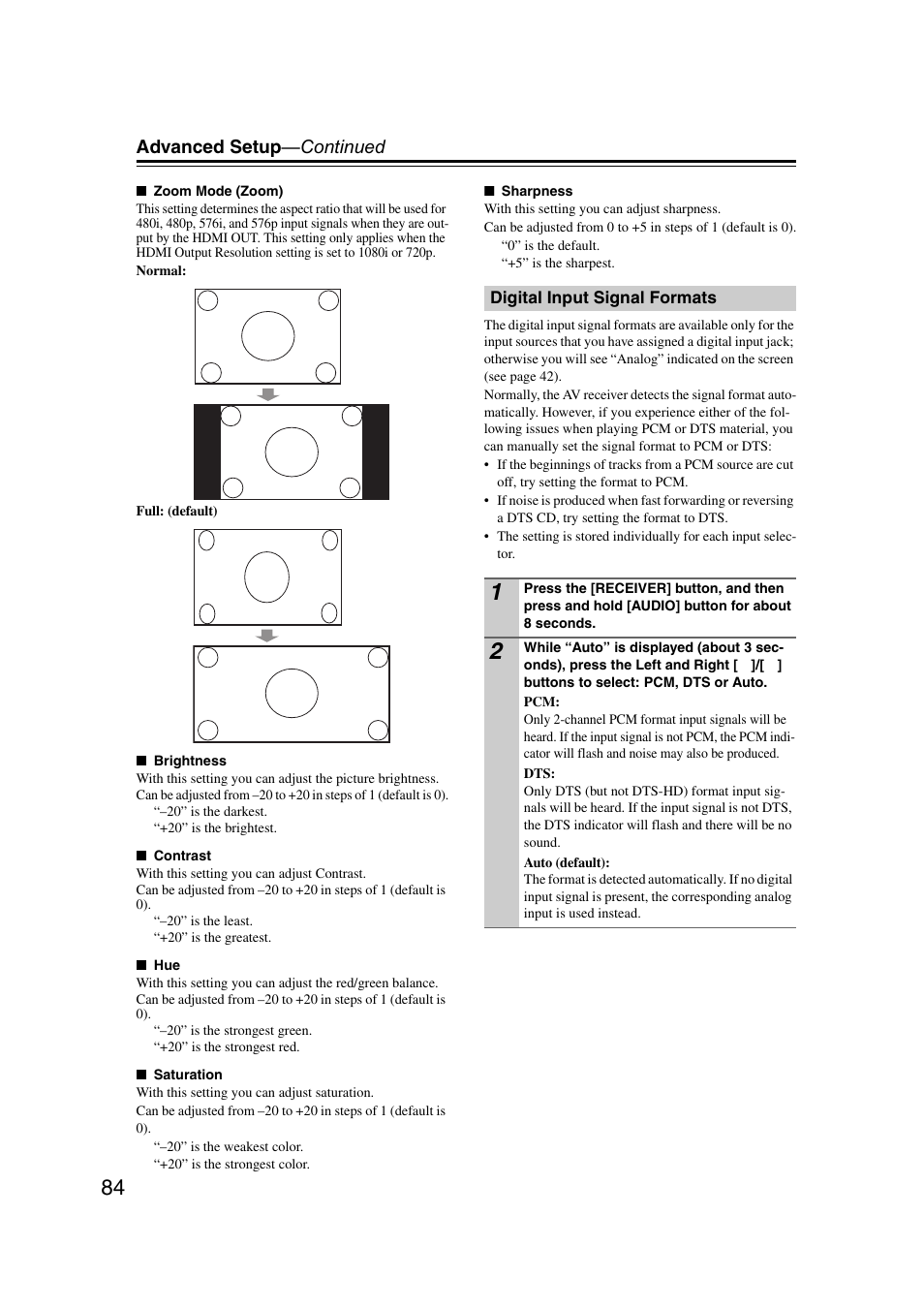 Digital input signal formats, Advanced setup —continued | Onkyo TX SR607 User Manual | Page 84 / 108