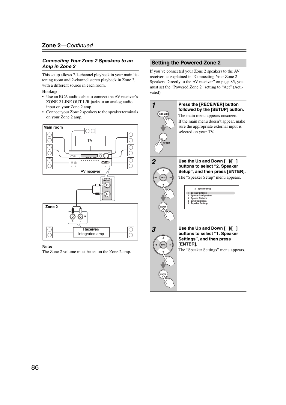 Setting the powered zone 2, Zone 2 —continued | Onkyo TX SR607 User Manual | Page 86 / 108