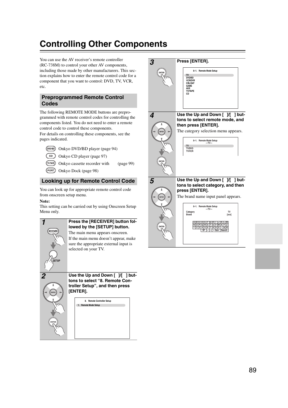 Controlling other components, Preprogrammed remote control codes, Looking up for remote control code | Onkyo TX SR607 User Manual | Page 89 / 108