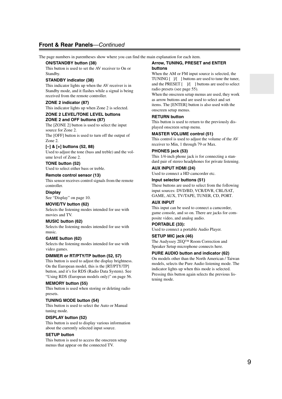 Front & rear panels —continued | Onkyo TX SR607 User Manual | Page 9 / 108