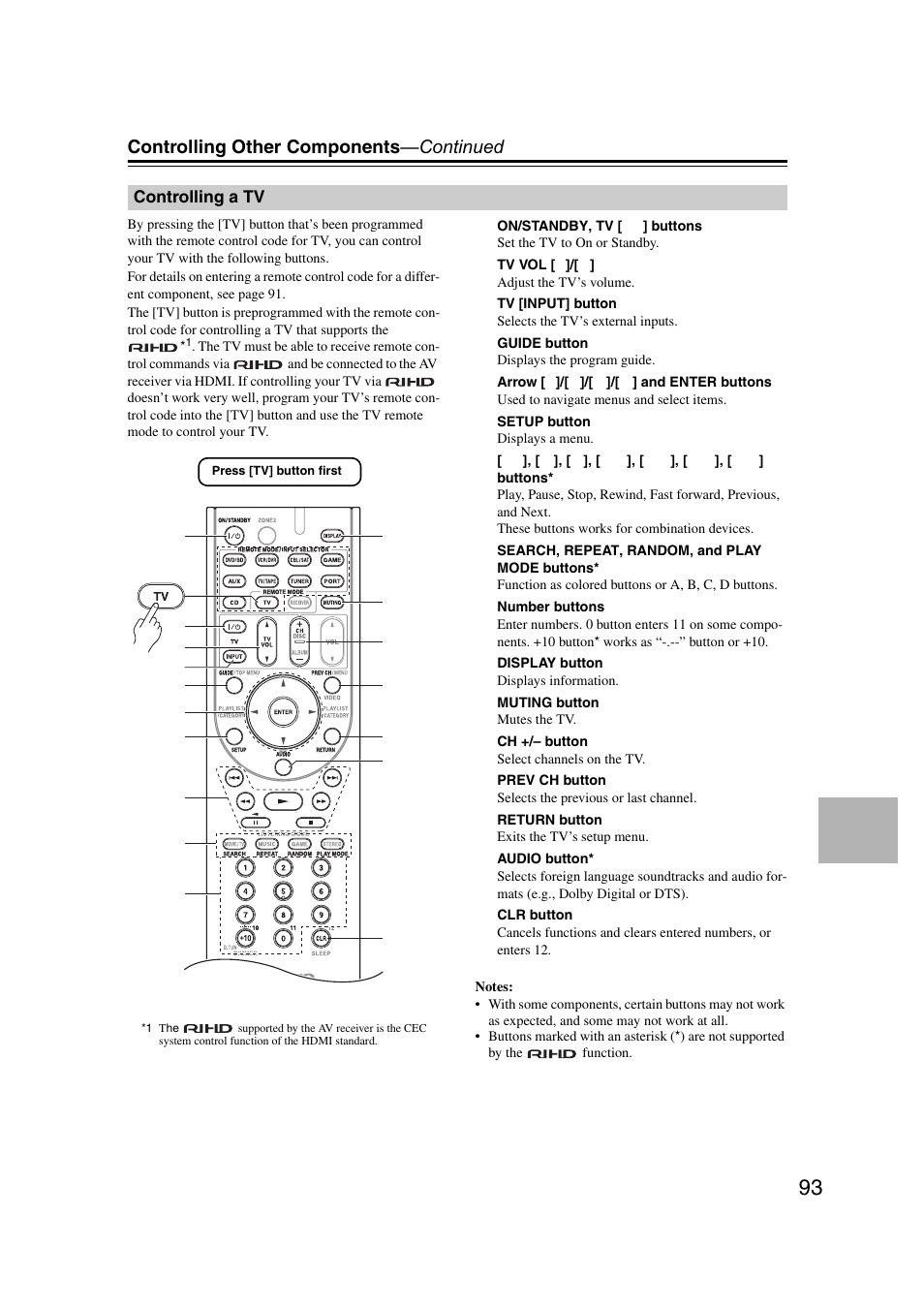 Controlling a tv, Controlling other components —continued | Onkyo TX SR607 User Manual | Page 93 / 108