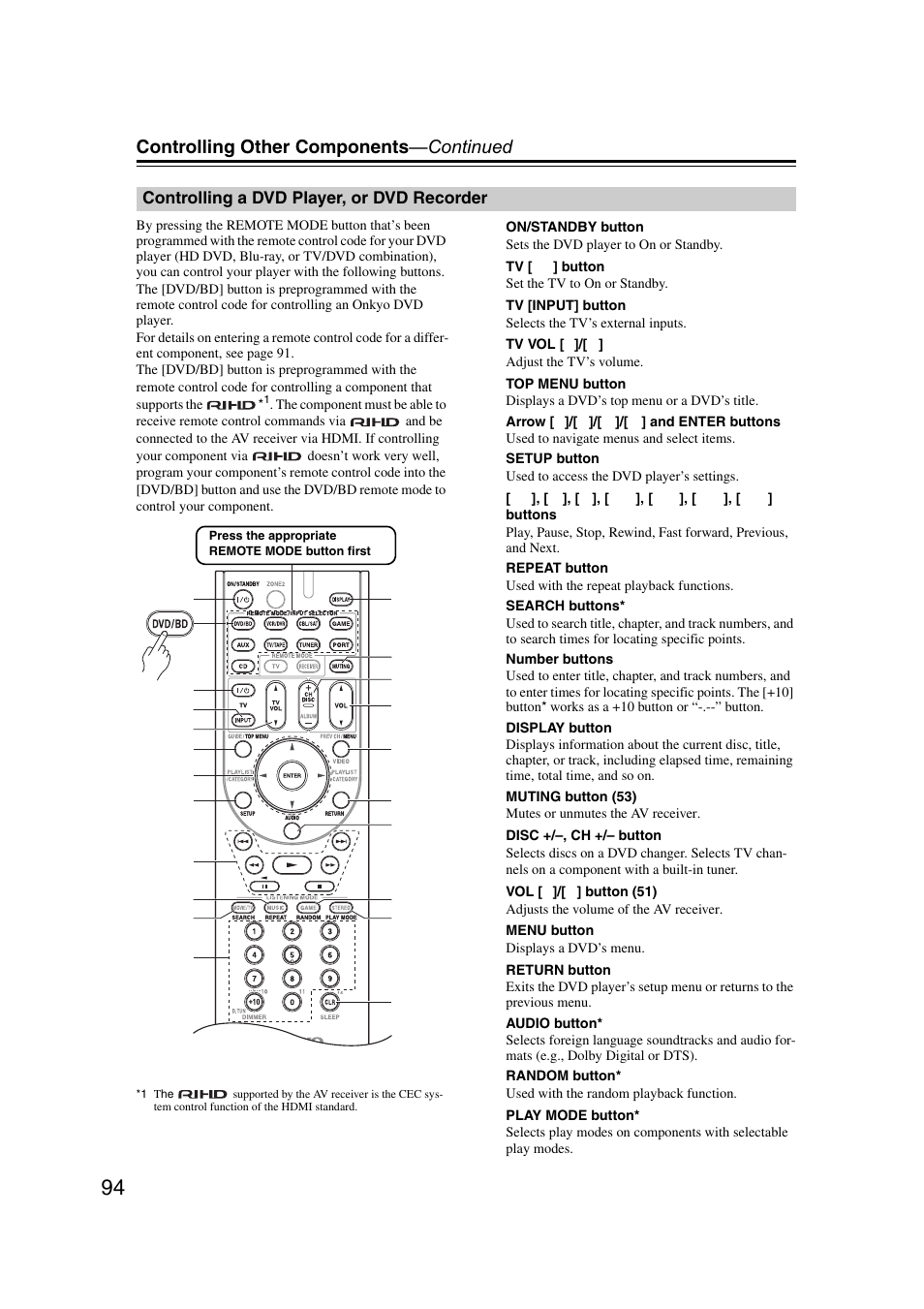 Controlling a dvd player, or dvd recorder, Controlling other components —continued | Onkyo TX SR607 User Manual | Page 94 / 108