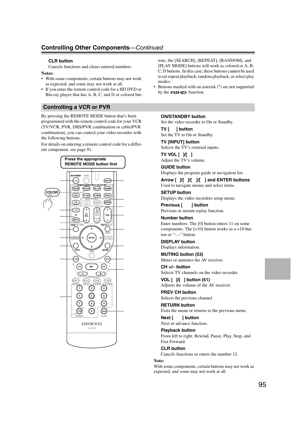 Controlling a vcr or pvr, Controlling other components —continued | Onkyo TX SR607 User Manual | Page 95 / 108