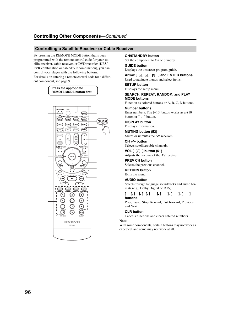 Controlling a satellite receiver or cable receiver, Controlling other components —continued | Onkyo TX SR607 User Manual | Page 96 / 108