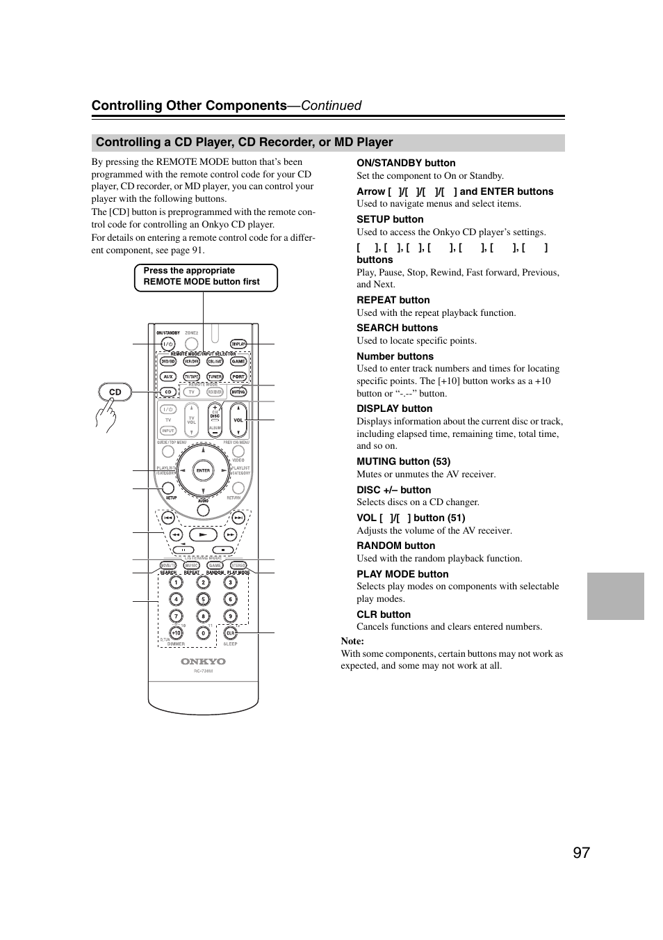 Controlling a cd player, cd recorder, or md player, Controlling other components —continued | Onkyo TX SR607 User Manual | Page 97 / 108