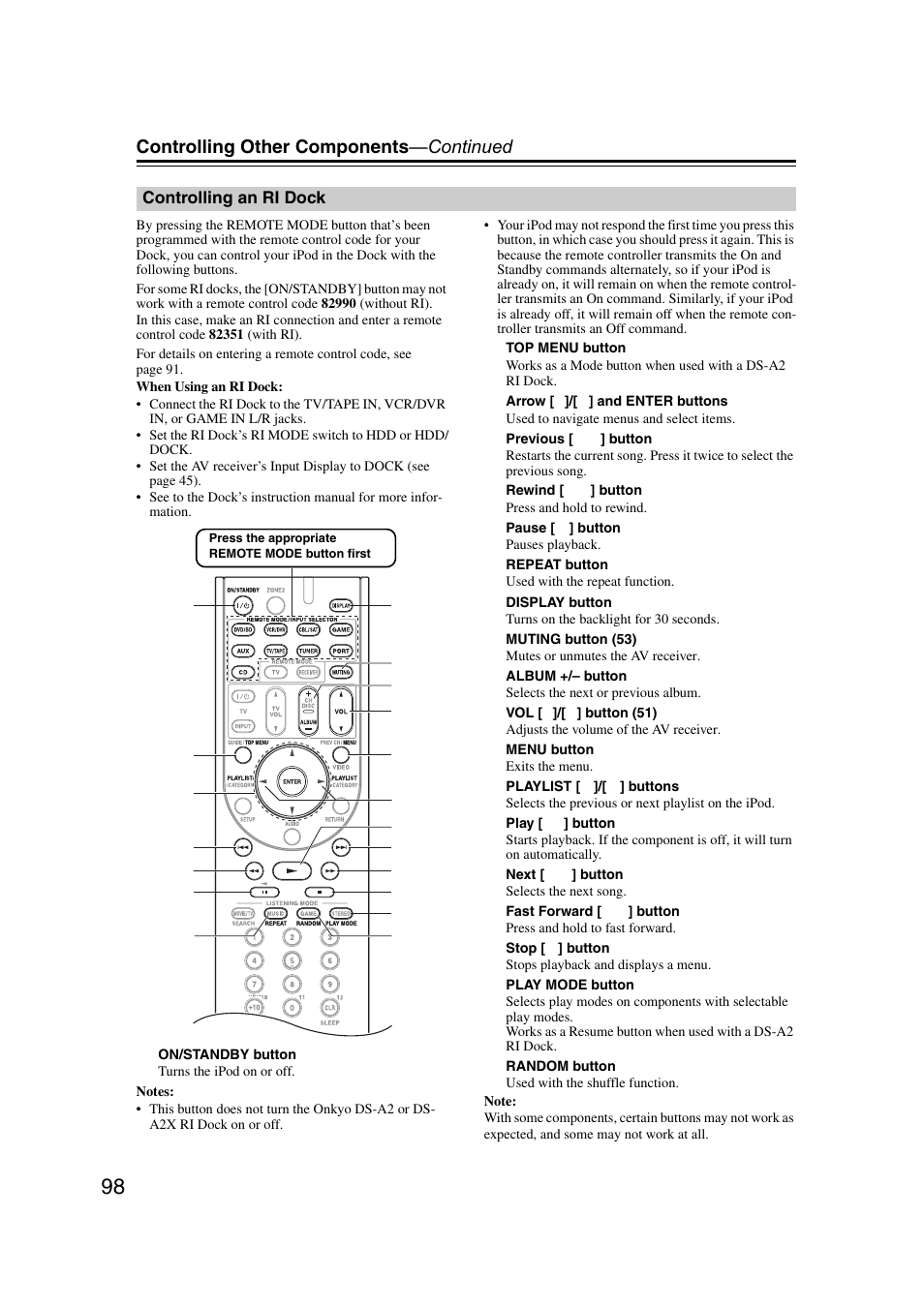 Controlling an ri dock, Controlling other components —continued | Onkyo TX SR607 User Manual | Page 98 / 108