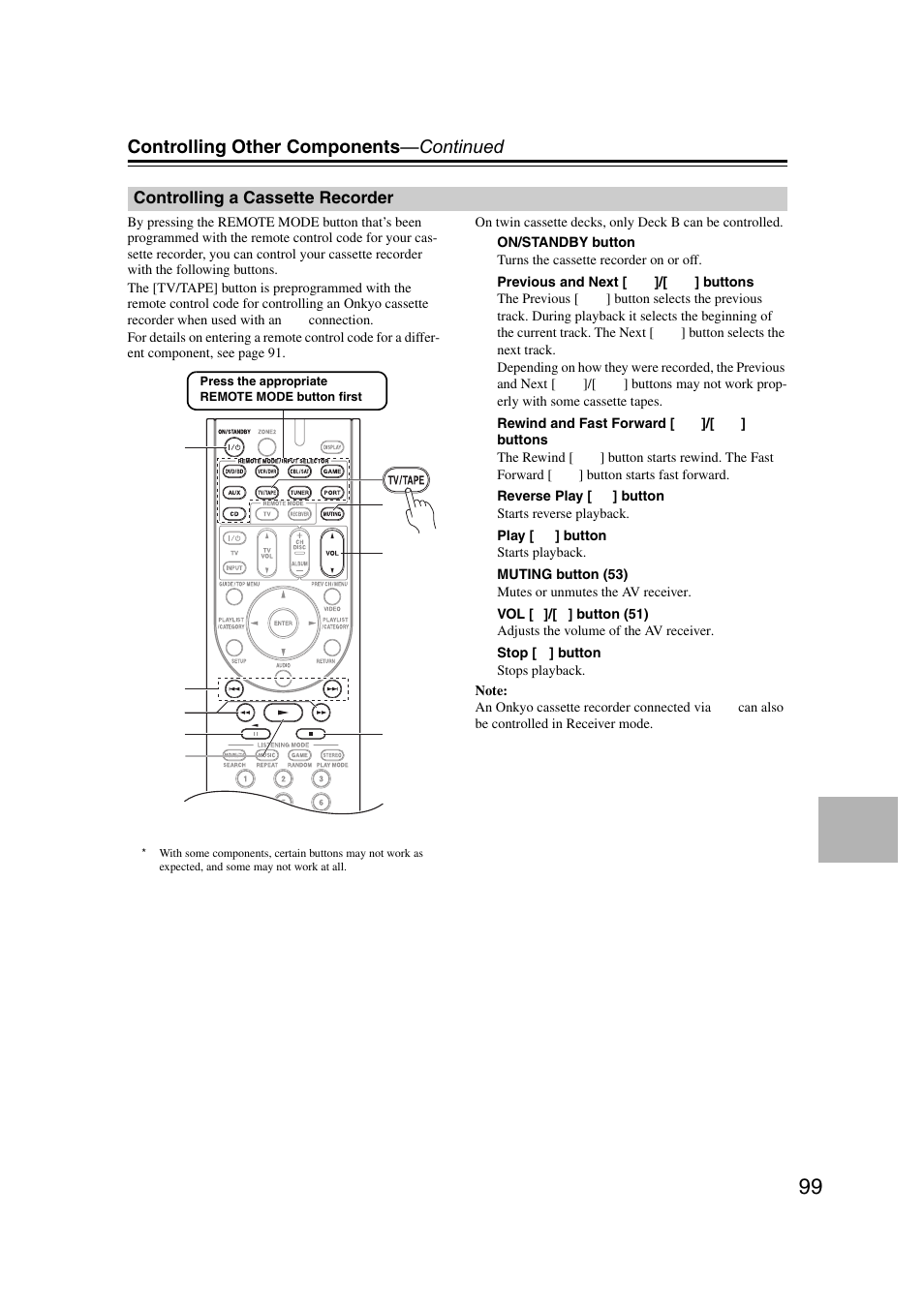 Controlling a cassette recorder, Controlling other components —continued | Onkyo TX SR607 User Manual | Page 99 / 108