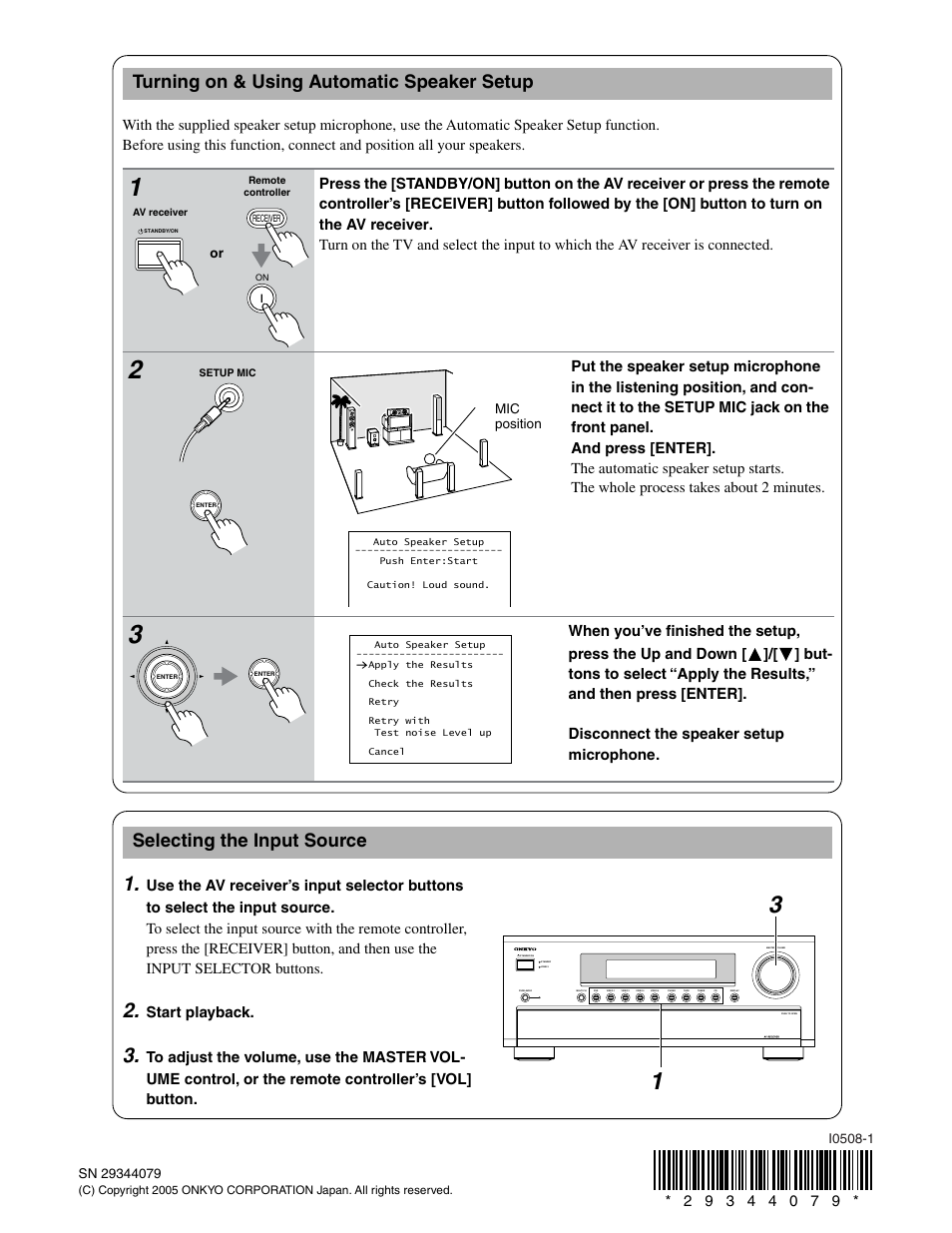 Turning on & using automatic speaker setup, Selecting the input source, Start playback | Onkyo TX-SR703/703E User Manual | Page 101 / 116