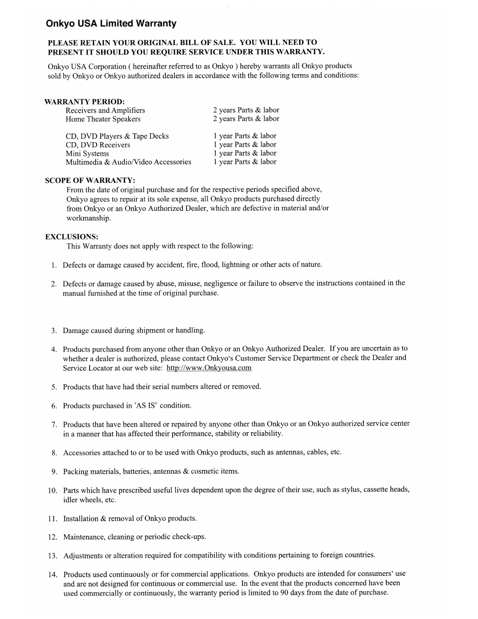 Warranty | Onkyo TX-SR703/703E User Manual | Page 116 / 116