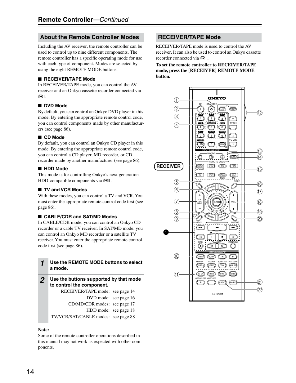 Remote control, Remote controller —continued, About the remote controller modes | Receiver/tape mode, Use the remote mode buttons to select a mode, Receiver | Onkyo TX-SR703/703E User Manual | Page 14 / 116