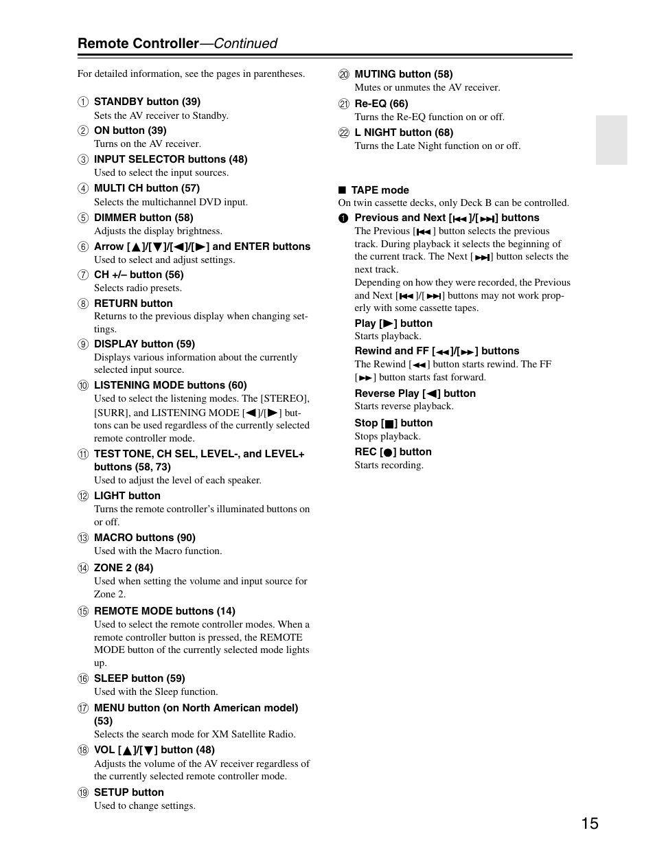 Remote controller —continued | Onkyo TX-SR703/703E User Manual | Page 15 / 116