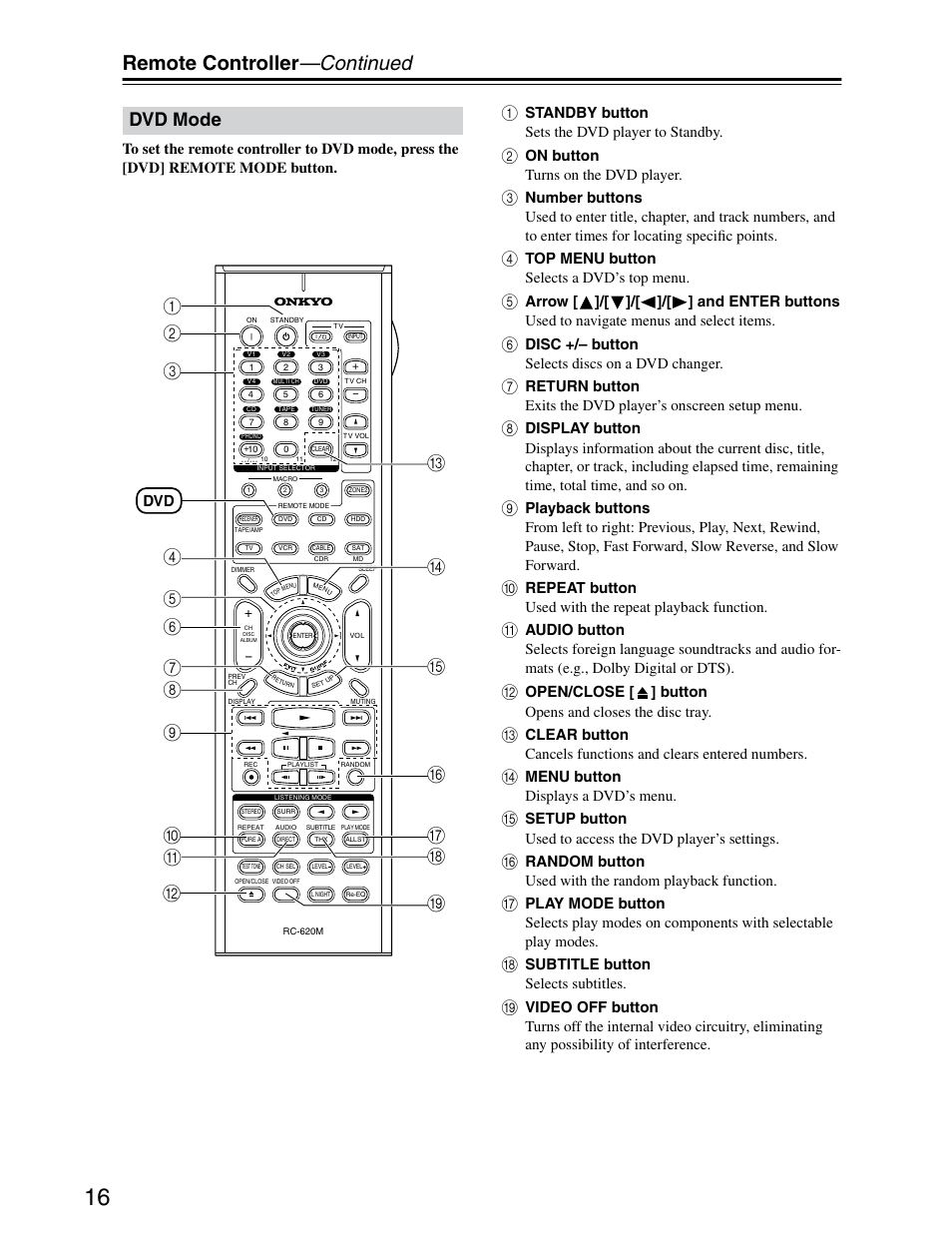 Remote controller —continued, Dvd mode, On p j k | Standby button sets the dvd player to standby, On button turns on the dvd player, Top menu button selects a dvd’s top menu, Disc +/– button selects discs on a dvd changer, Menu button displays a dvd’s menu, Subtitle button selects subtitles | Onkyo TX-SR703/703E User Manual | Page 16 / 116