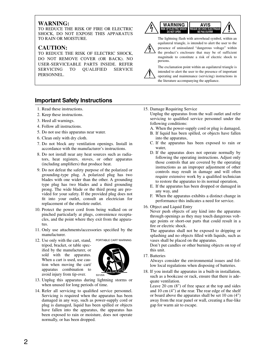 Important safety instructions, Warning, Caution | Onkyo TX-SR703/703E User Manual | Page 2 / 116