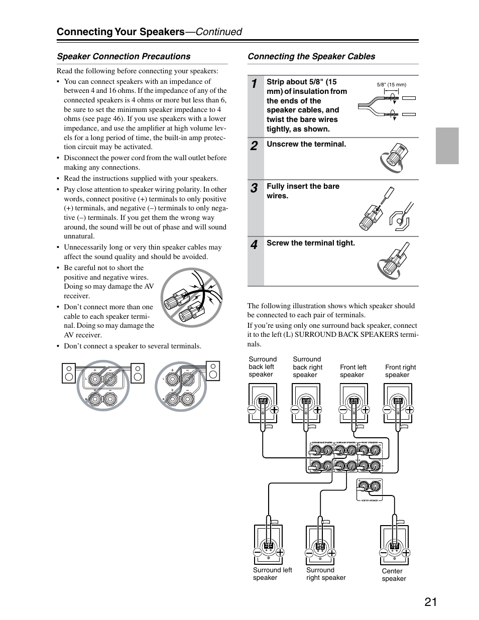 Connecting your speakers —continued | Onkyo TX-SR703/703E User Manual | Page 21 / 116