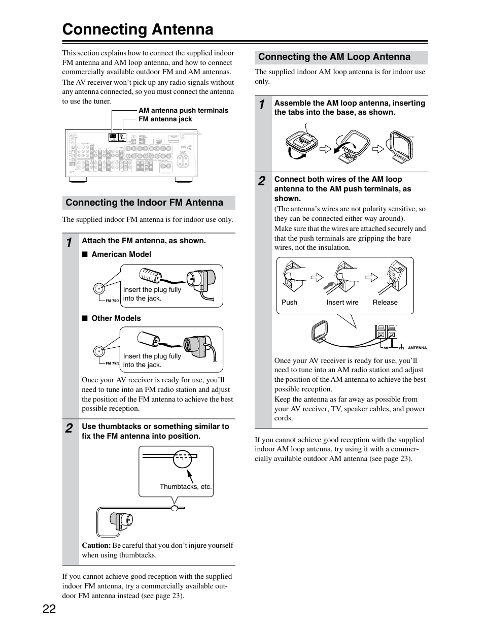 Antennas, Connecting antenna | Onkyo TX-SR703/703E User Manual | Page 22 / 116