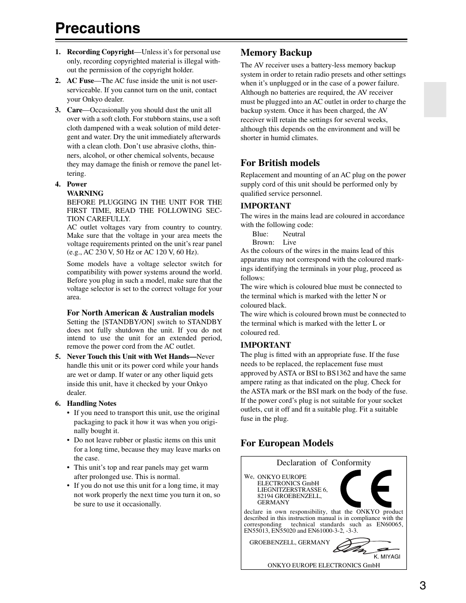 Precautions, For british models, For european models | Onkyo TX-SR703/703E User Manual | Page 3 / 116