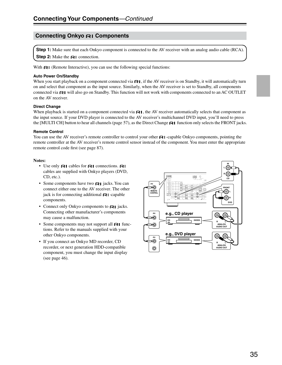 Onkyo control cables, Connecting your components —continued, Connecting onkyo components | Onkyo TX-SR703/703E User Manual | Page 35 / 116