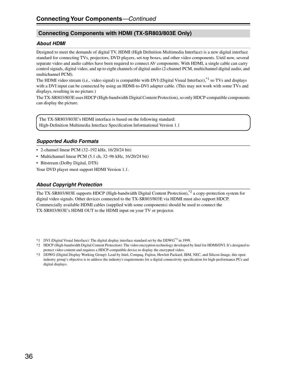 Hdmi (tx-sr803 only), Connecting your components —continued | Onkyo TX-SR703/703E User Manual | Page 36 / 116