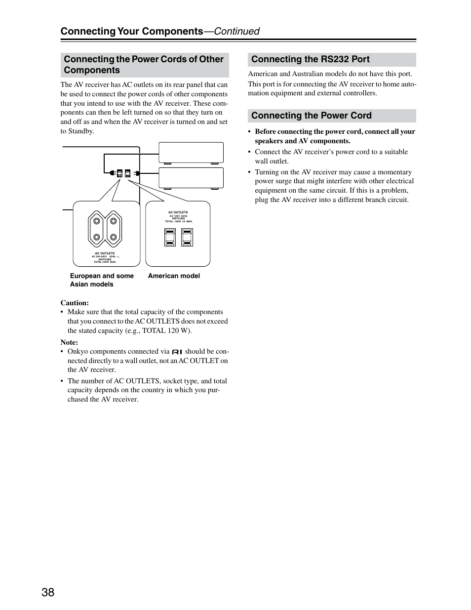 Rear panel ac connections, Connecting your components —continued, Connecting the power cords of other components | Onkyo TX-SR703/703E User Manual | Page 38 / 116