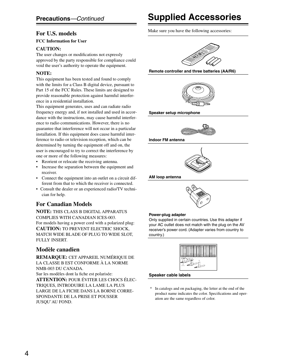 Supplied accessories, Precautions —continued for u.s. models, For canadian models | Modèle canadien, Caution, Remarque, Attention, Fcc information for user, Make sure you have the following accessories, Speaker cable labels | Onkyo TX-SR703/703E User Manual | Page 4 / 116