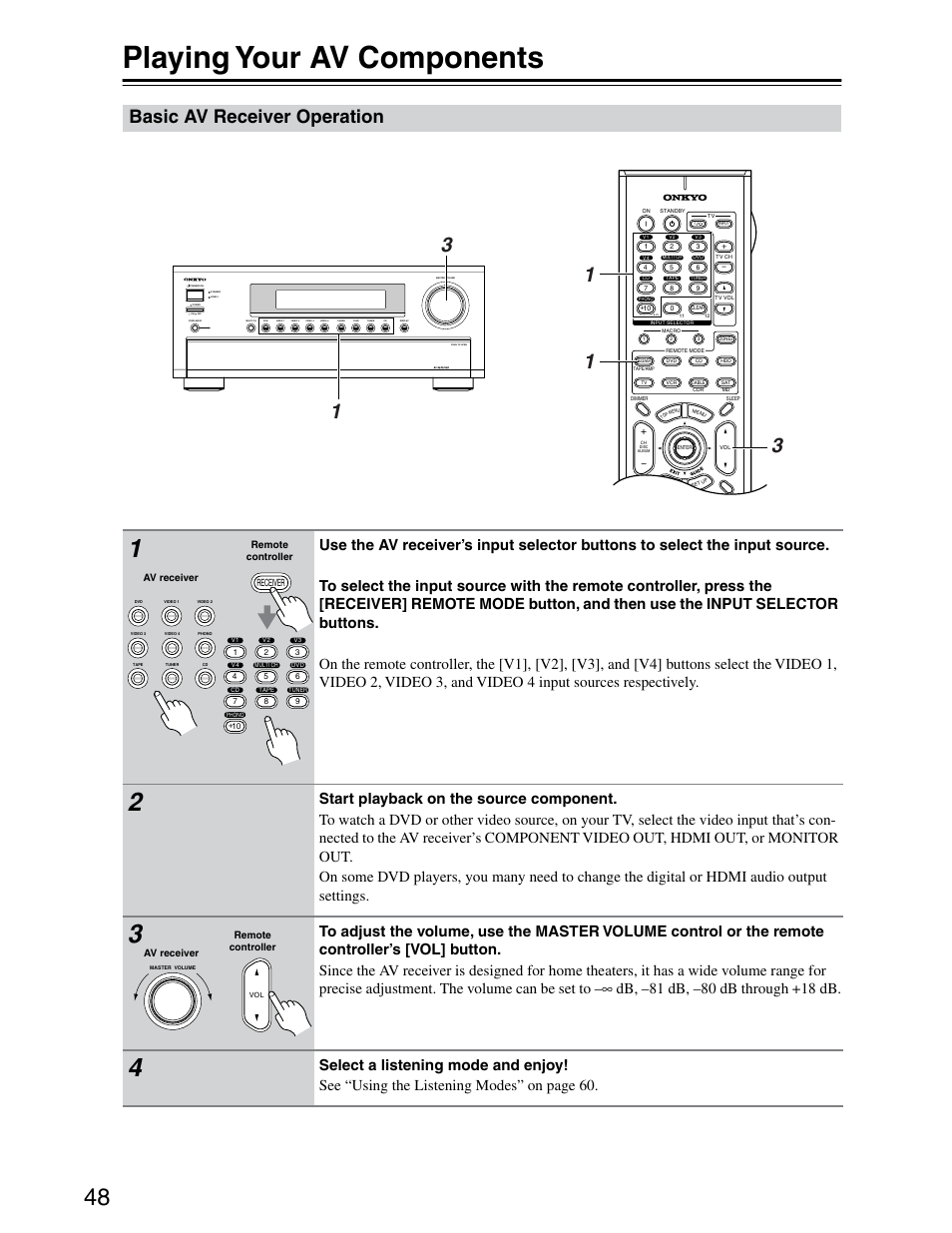 Selecting the input, Basic operation, Playing your av components | Basic av receiver operation | Onkyo TX-SR703/703E User Manual | Page 48 / 116